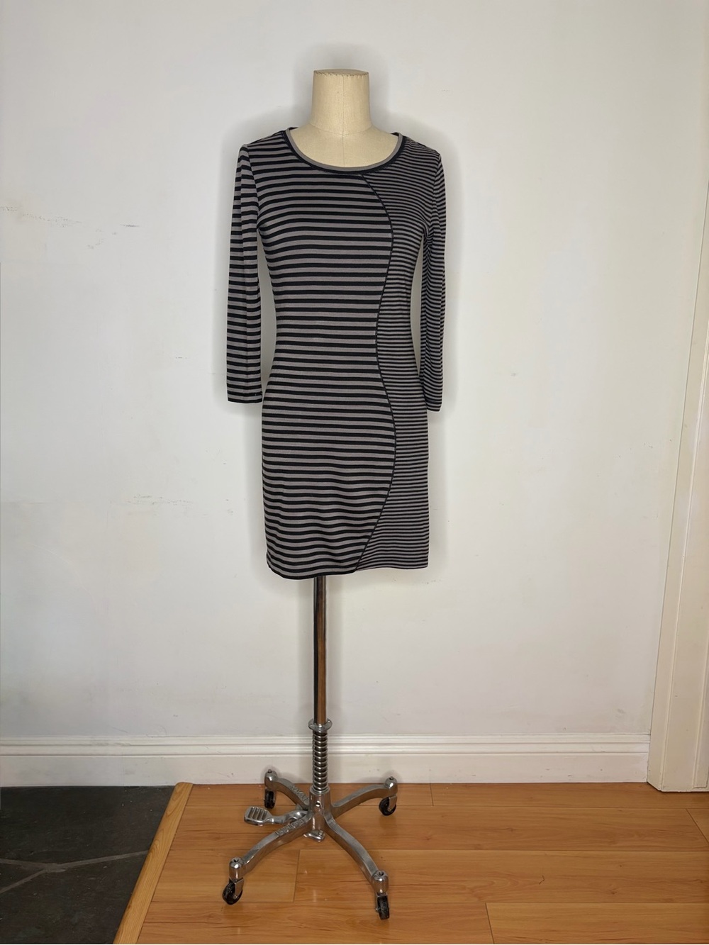 Y2K Striped Black and Gray Knit Mini Body Con Dress with Curved Seam